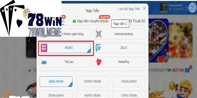 Bạn có thể lựa chọn nạp tiền 78win qua hình thức Momo tiện lợi 